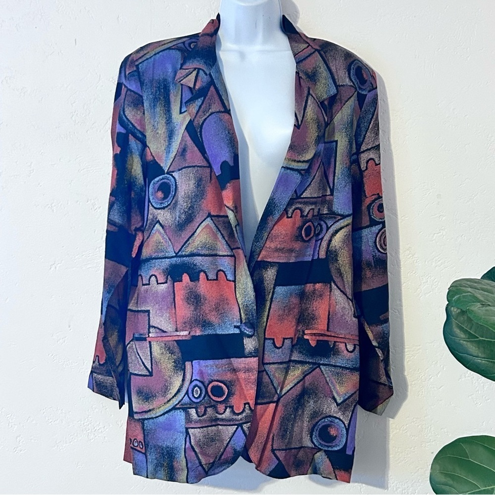ACKO INTERNATIONAL Vintage 80s Abstract Art Lightweight Rayon Long Blazer Size M